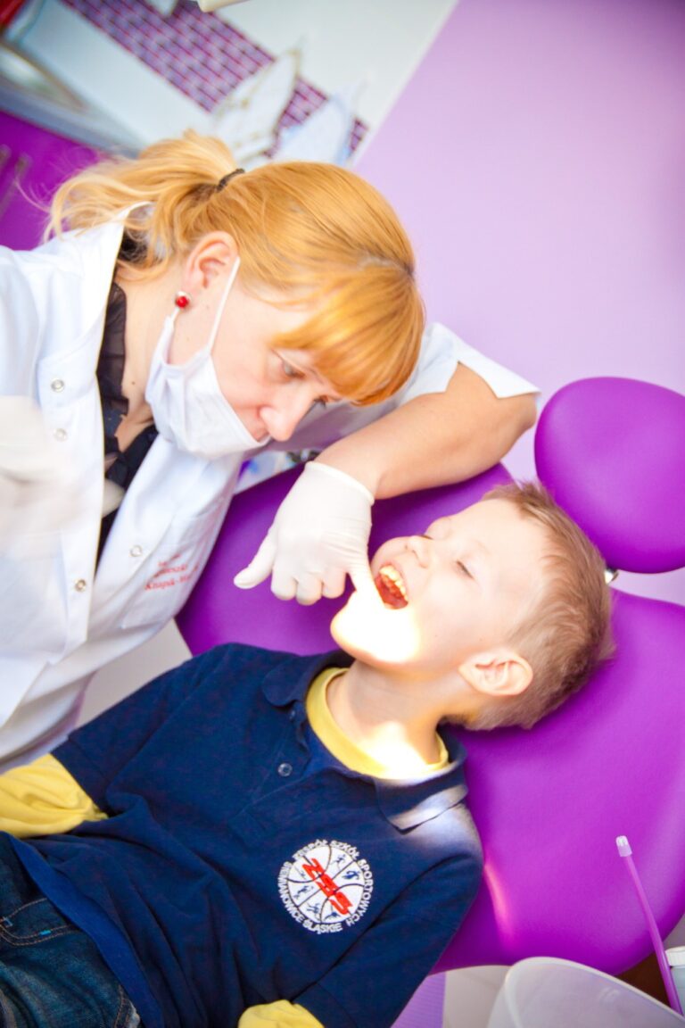 pani stomatolog przegląda małemu pacjentowi ząbki